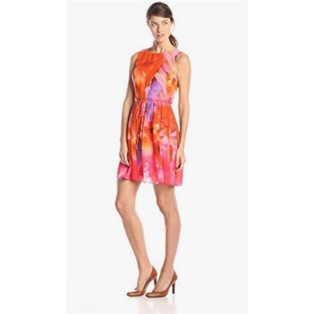 Sandra Darren Women 18W Floral Watercolors Orange‎ Rhinestones Dress Party